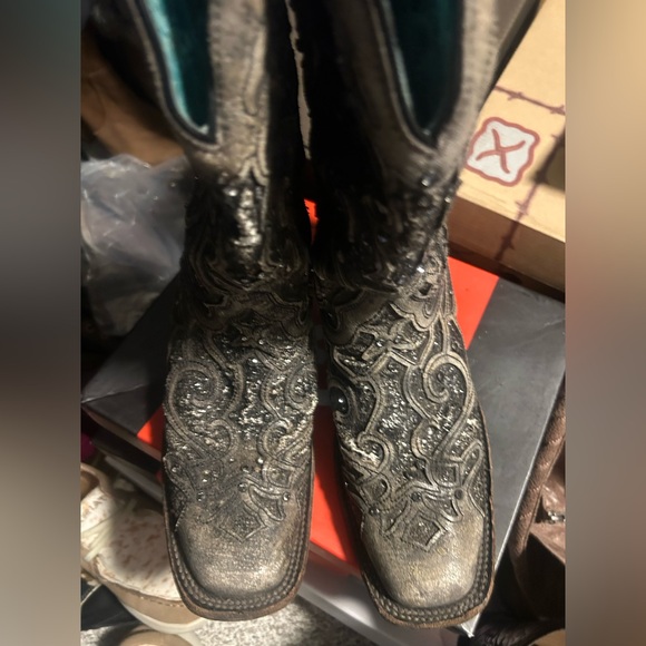 Women’s CORRAL grey sequin glitter inlay square toe cowgirl boots size 9 1/2 - Picture 11 of 15